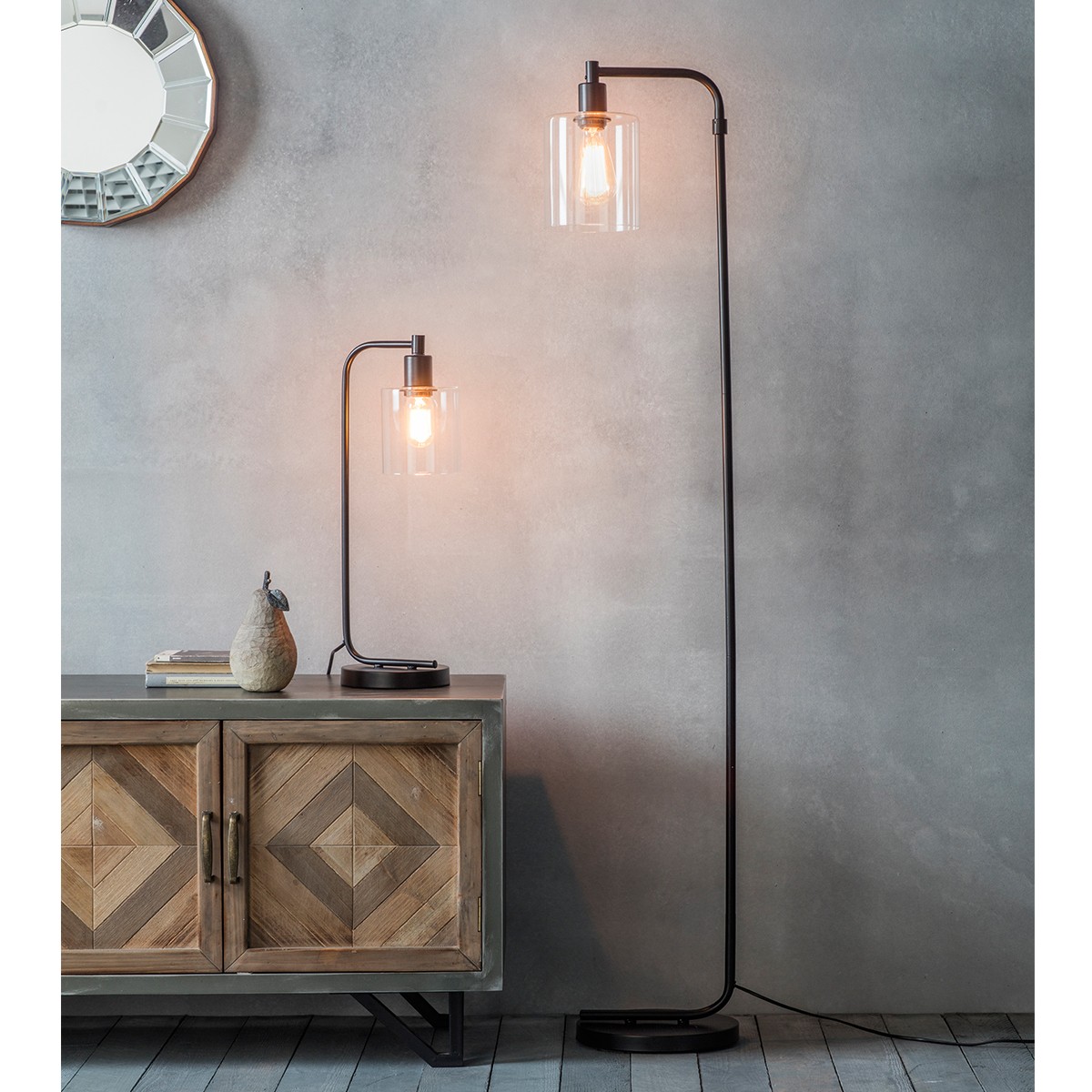 Contemporary Black Industrial Style Metal Base Floor Lamp with Glass